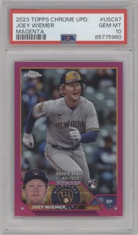 Joey Wiemer from the 2023 Topps Chrome Update set featuring a Magenta Refractor parallel graded by PSA and given an overall grade of 10.