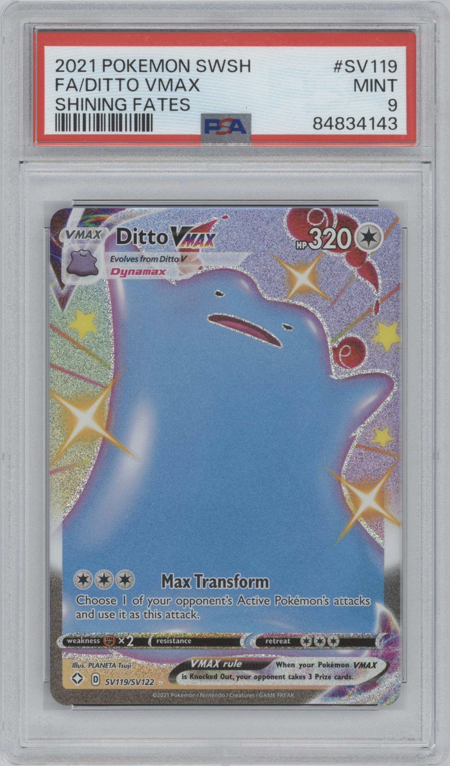 Ditto VMAX from the 2021 Pokemon SWSH set graded by PSA and given an overall grade of 9.