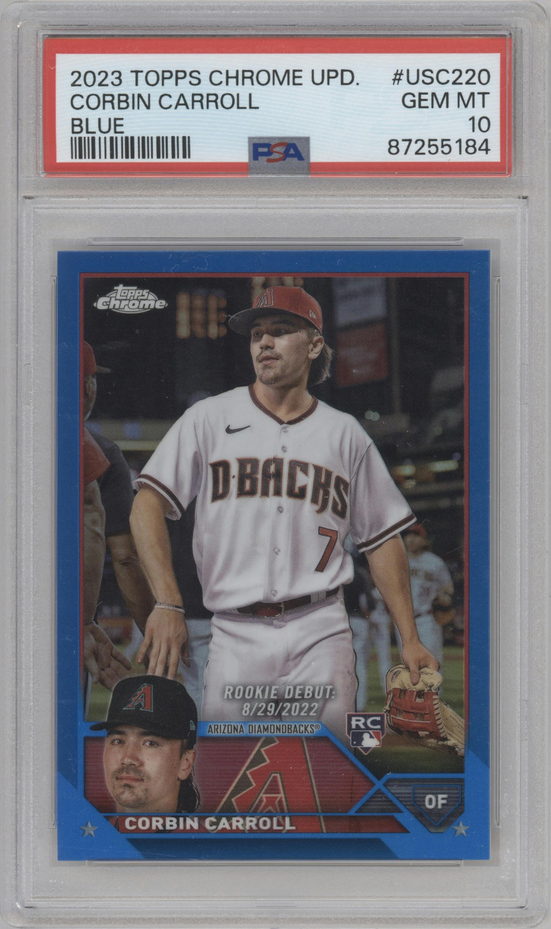 Corbin Carroll from the 2023 Topps Chrome Update set featuring a Blue Refractor parallel graded by PSA and given an overall grade of 10.