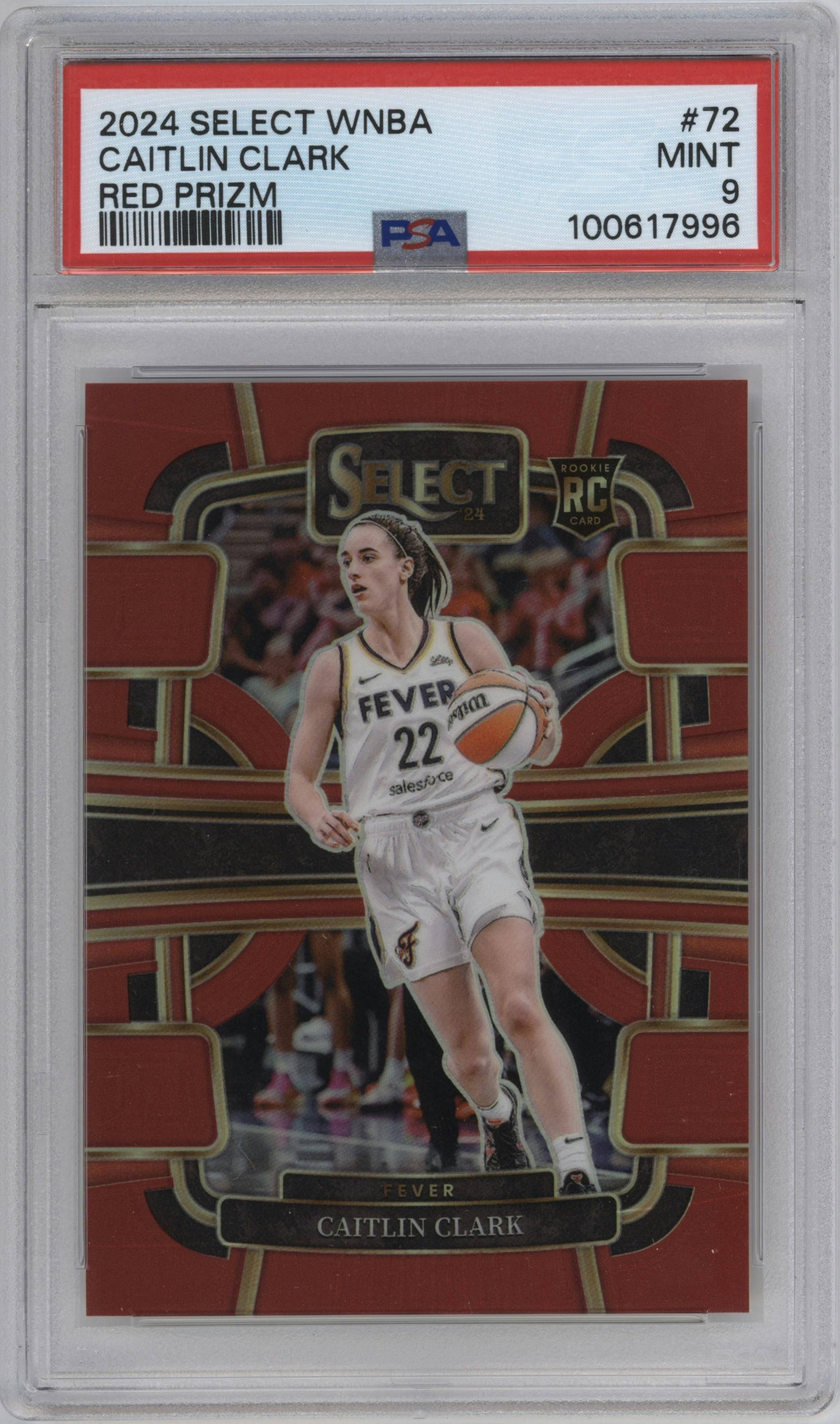 Caitlin Clark from the 2024 Panini Select WNBA set featuring a Red Prizm parallel graded by PSA and given an overall grade of 9.