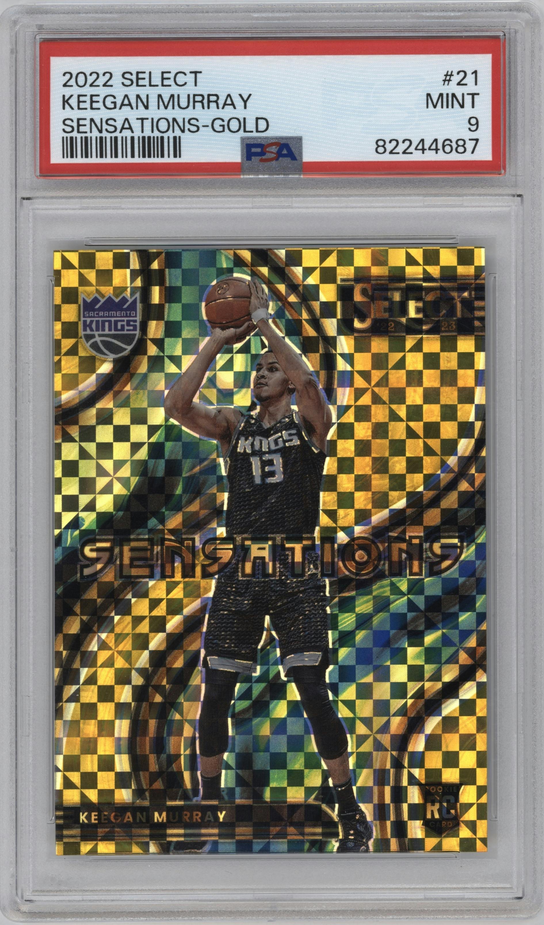  Keegan Murray from the 2022-23 Panini Select set featuring a Gold Prizm parallel graded by PSA and given an overall grade of 9.
