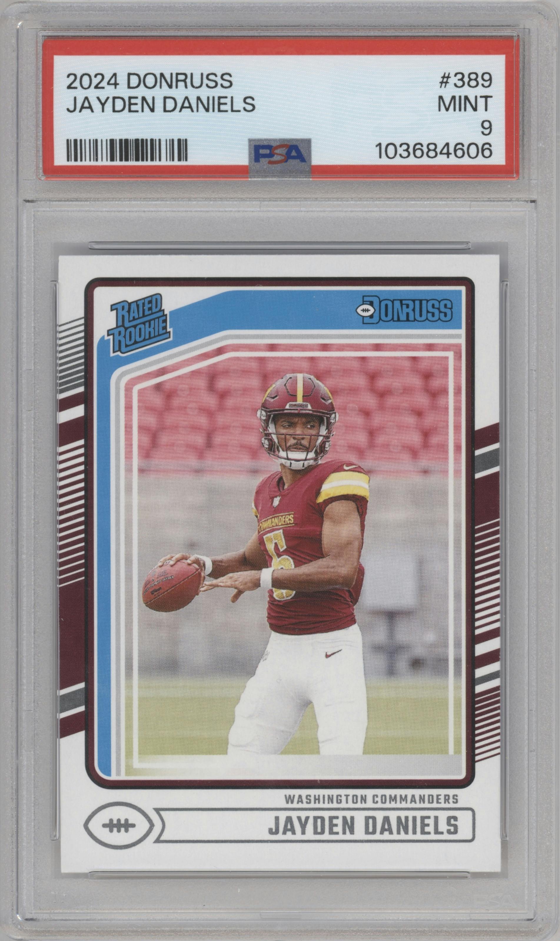 Jayden Daniels from the 2024 Donruss set graded by PSA and given an overall grade of 9.