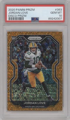 Jordan Love from the 2020 Panini Prizm set featuring a Disco parallel graded by PSA and given an overall grade of 10.