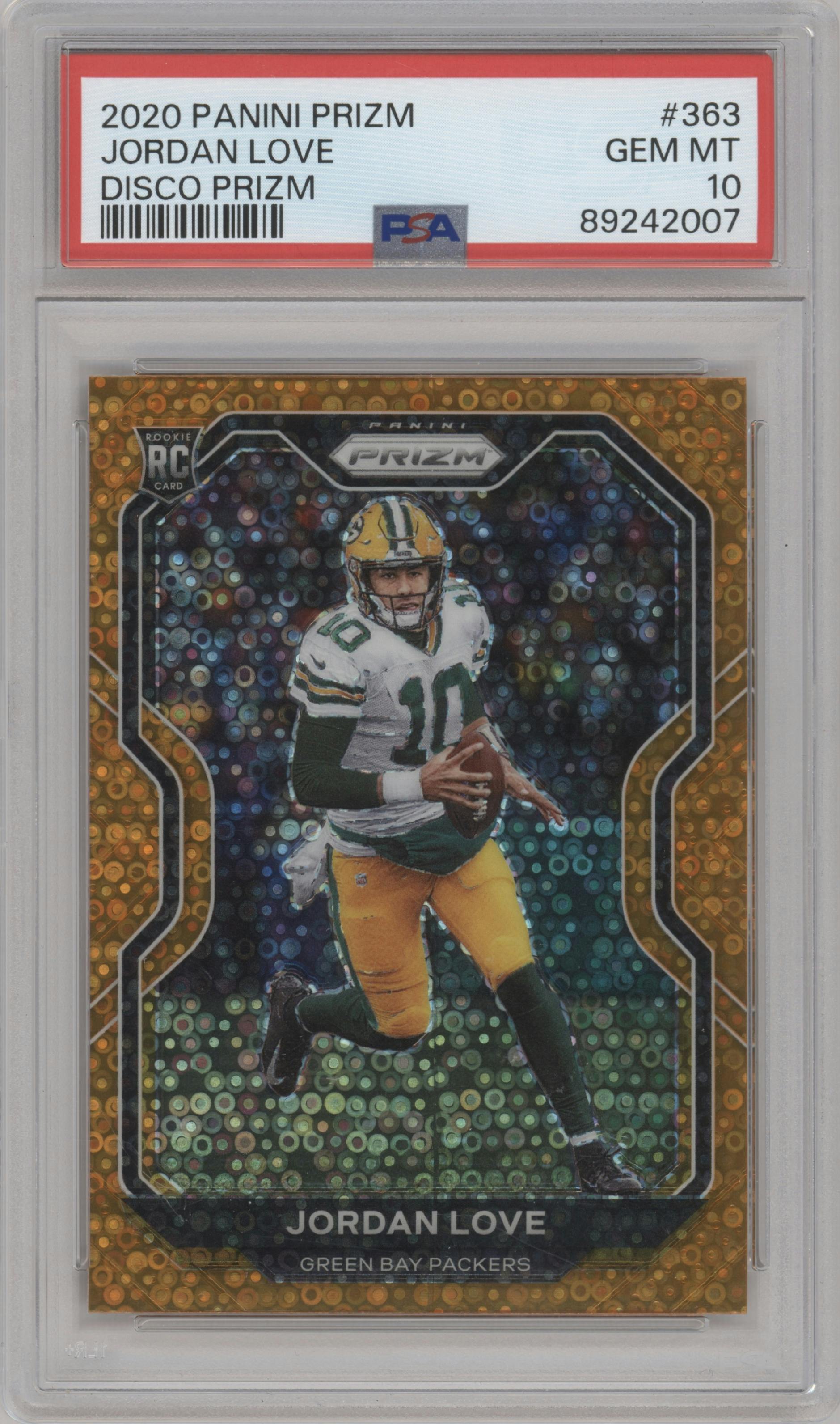 Jordan Love from the 2020 Panini Prizm set featuring a Disco parallel graded by PSA and given an overall grade of 10.