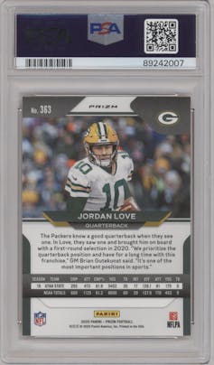 Jordan Love from the 2020 Panini Prizm set featuring a Disco parallel graded by PSA and given an overall grade of 10.