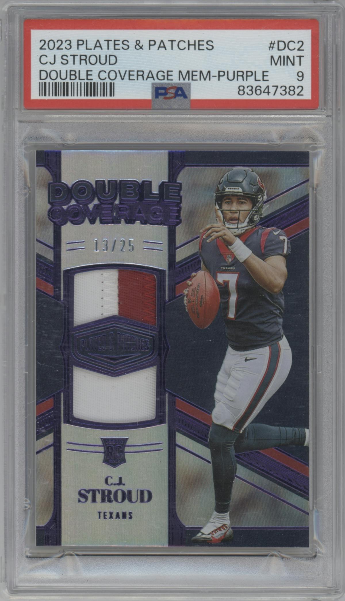 C.J. Stroud from the 2023 Panini Plates & Patches set featuring a Purple parallel graded by PSA and given an overall grade of 9.
