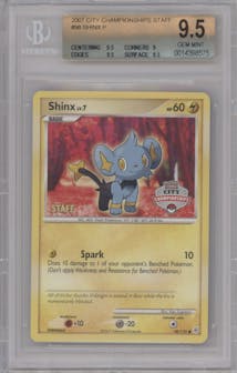 Shinx LV.7 from the 2007 Pokemon D&P set featuring a City Championship Staff parallel graded by Beckett and given an overall grade of 9.5.