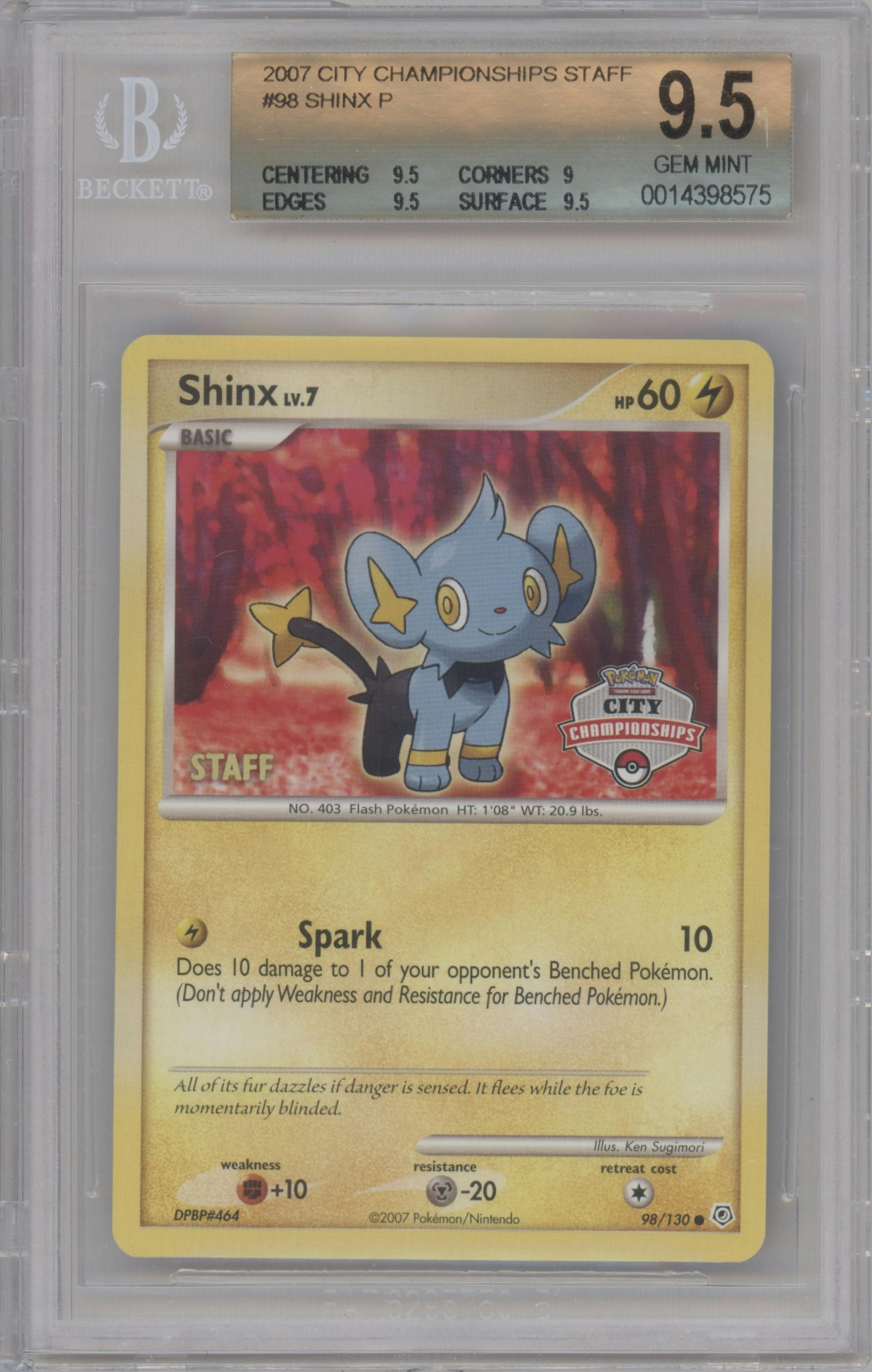 Shinx LV.7 from the 2007 Pokemon D&P set featuring a City Championship Staff parallel graded by Beckett and given an overall grade of 9.5.