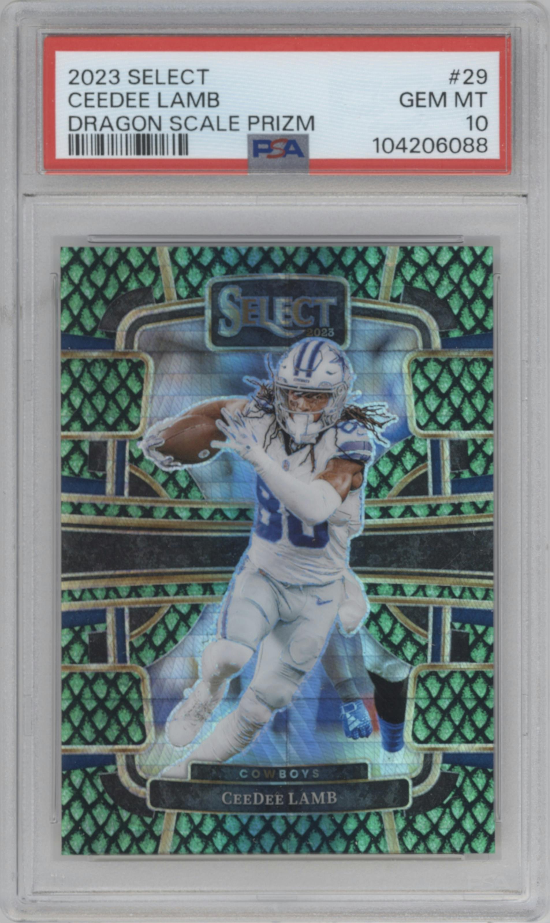 CeeDee Lamb  from the 2023 Panini Select set featuring a Dragon Scale parallel graded by PSA and given an overall grade of 10.