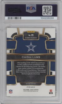 CeeDee Lamb  from the 2023 Panini Select set featuring a Dragon Scale parallel graded by PSA and given an overall grade of 10.