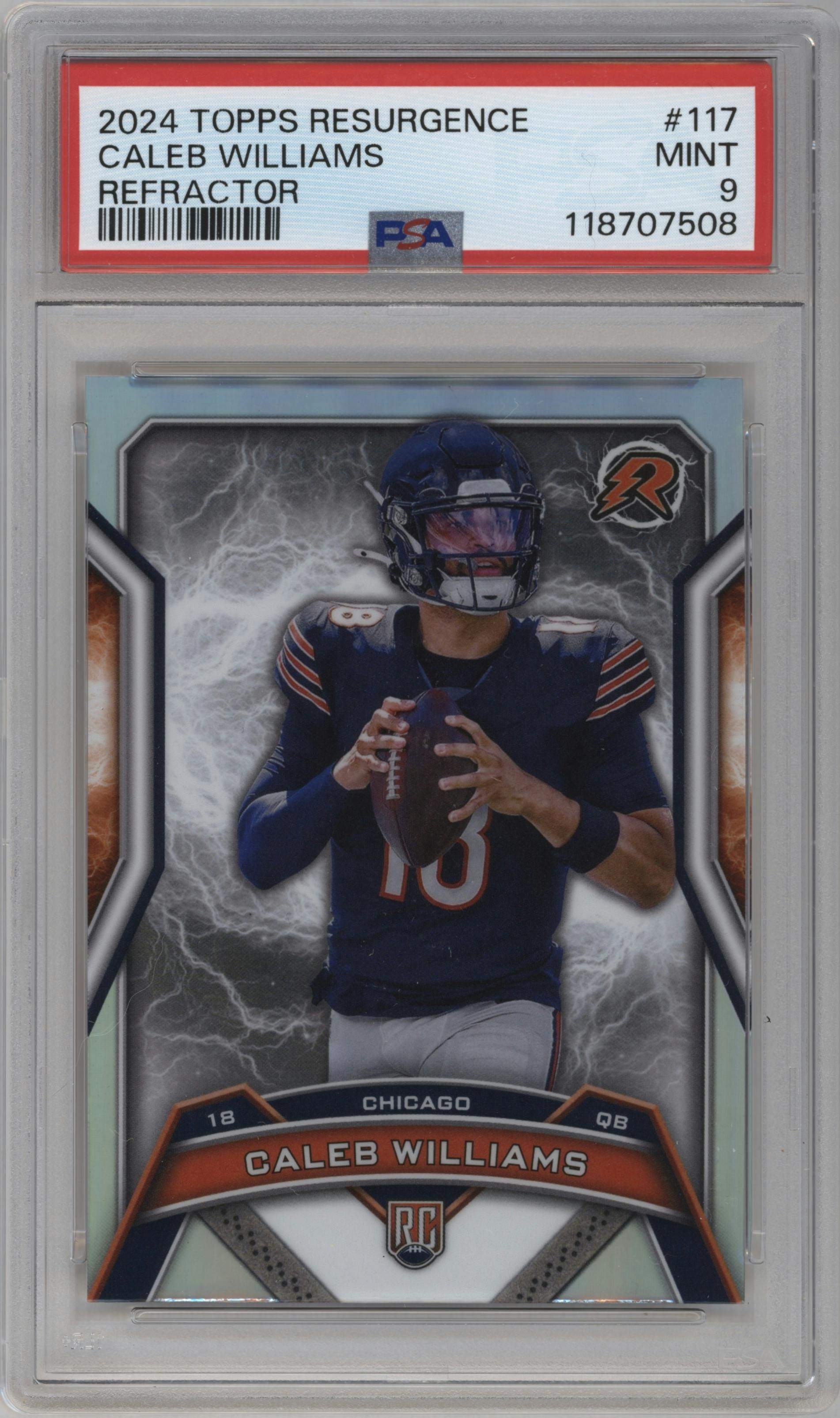 Caleb Williams from the 2024 Topps Resurgence set featuring a Refractor parallel graded by PSA and given an overall grade of 9.