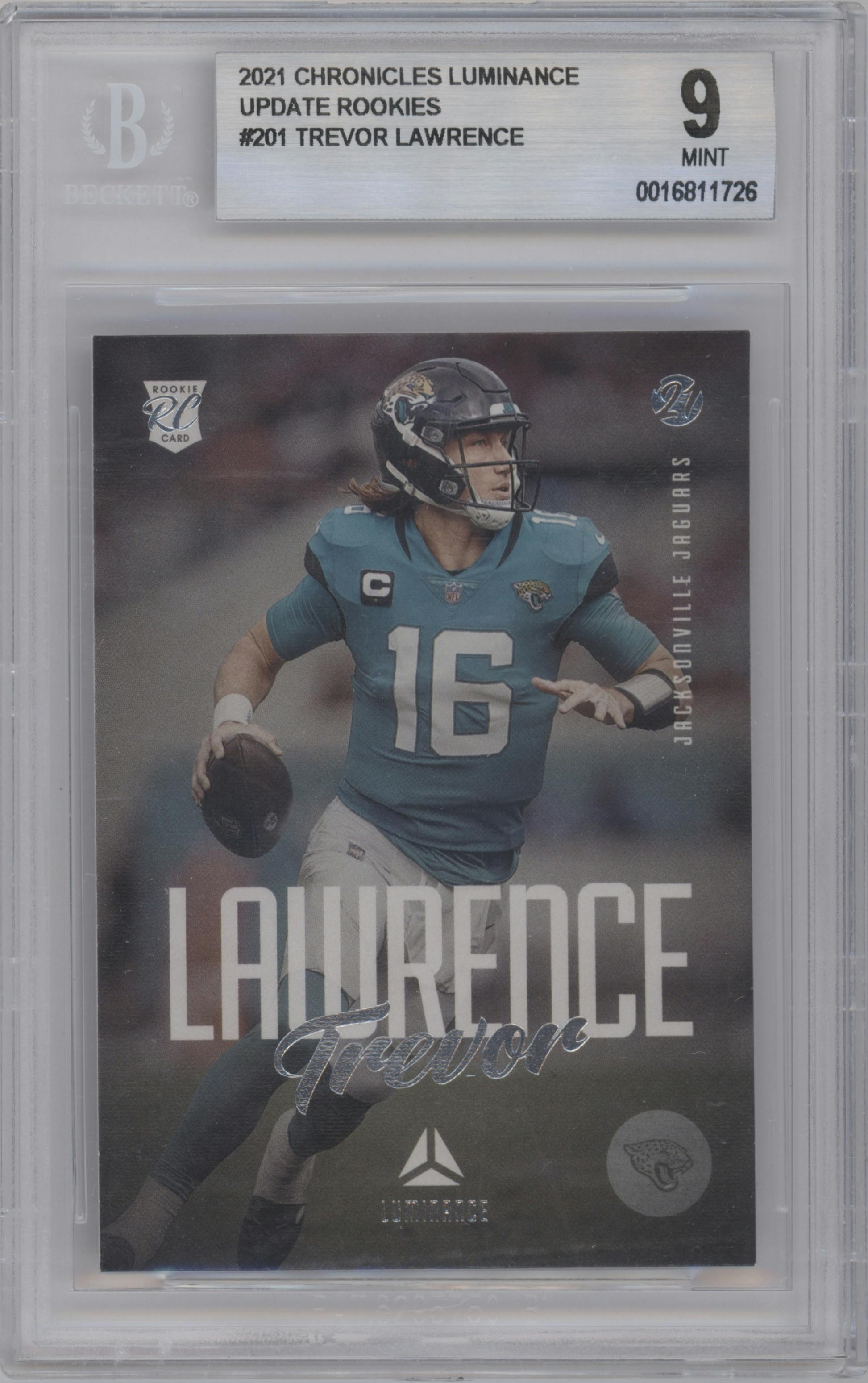 Trevor Lawrence from the 2021 Panini Chronicles set graded by Beckett and given an overall grade of 9.