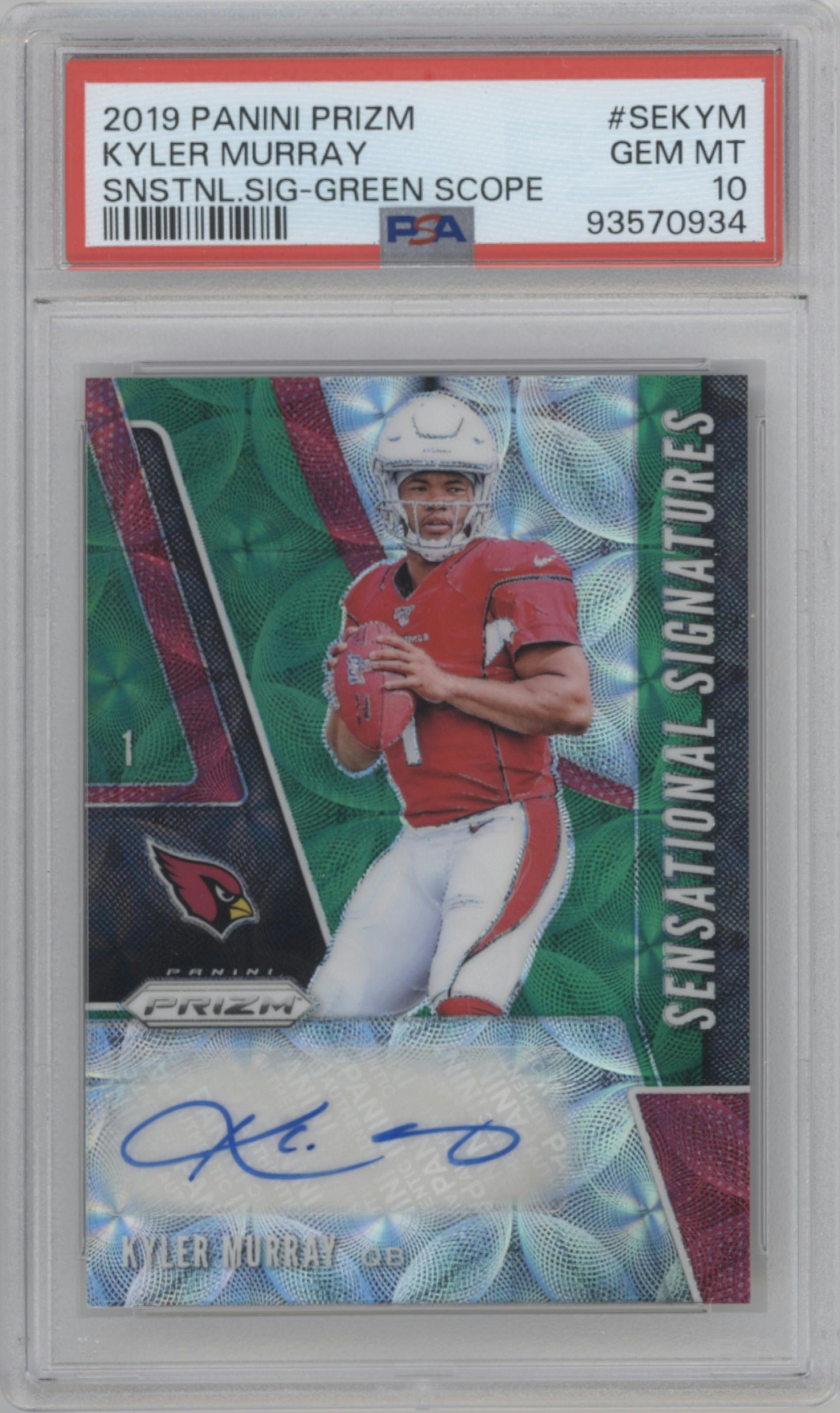 Kyler Murray from the 2019 Panini Prizm set featuring a Green Scope parallel graded by PSA and given an overall grade of 10.