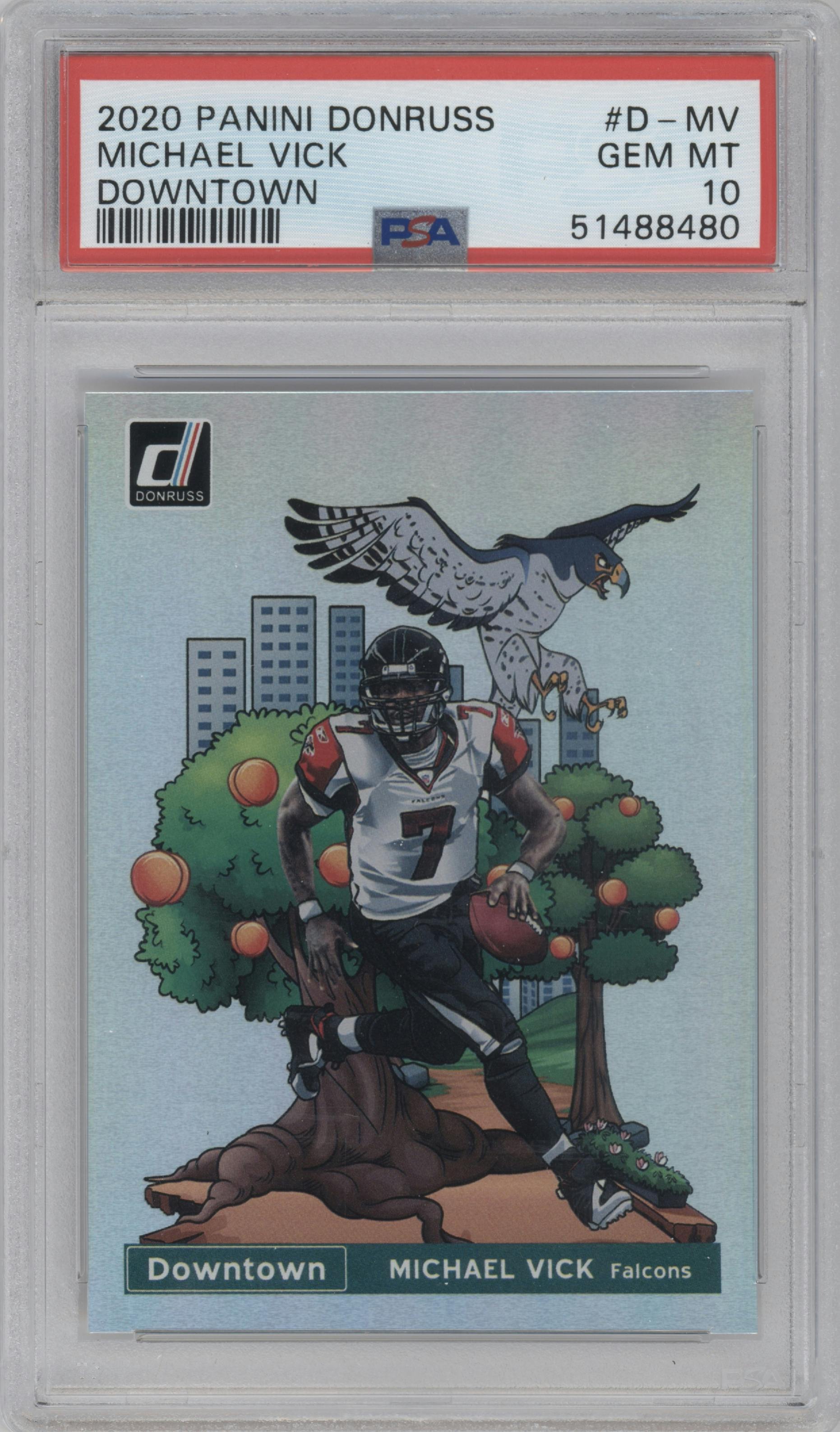 Michael Vick from the 2020 Panini Donruss set graded by PSA and given an overall grade of 10.