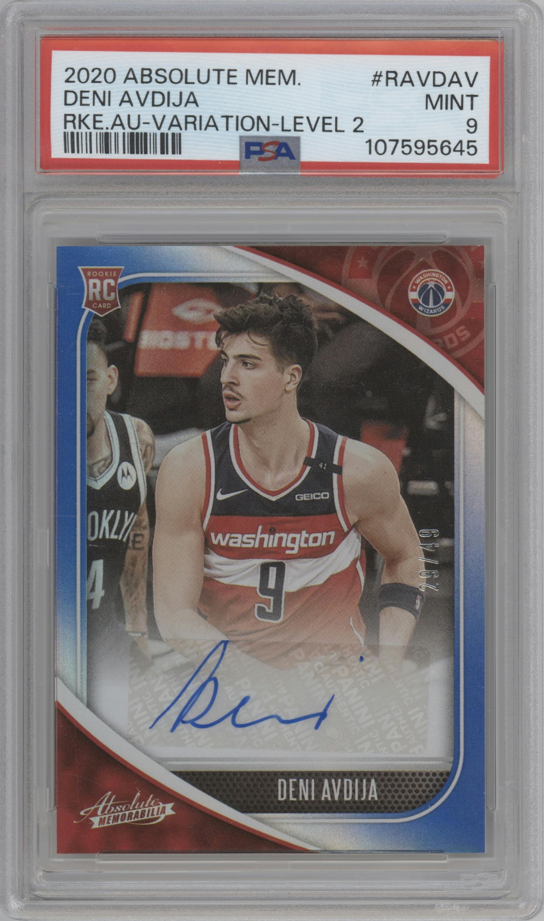 Deni Avdija from the 2020-21 Panini Absolute Memorabilia set featuring a Level 2 parallel graded by PSA and given an overall grade of 9.