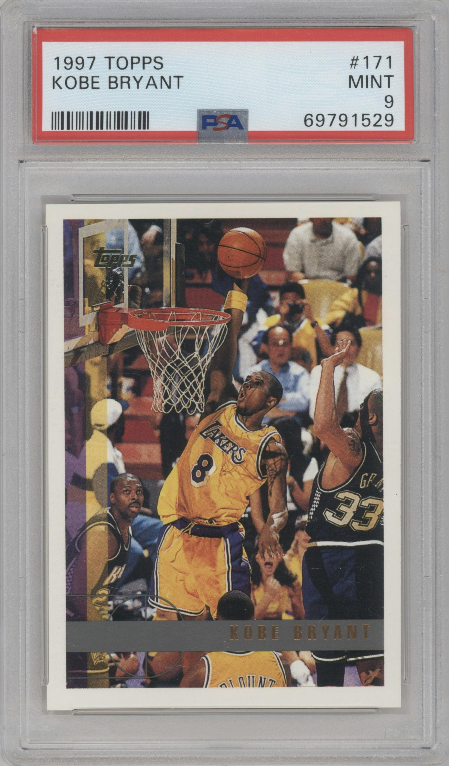 Kobe Bryant from the 1997-98 Topps  set graded by PSA and given an overall grade of 9.
