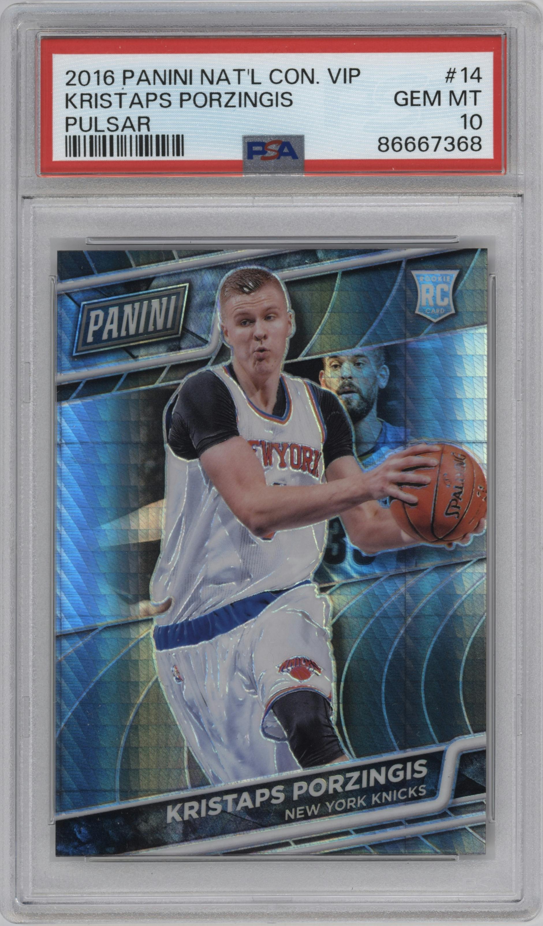 Kristaps Porzingis  from the 2016 Panini National Convention VIP set featuring a Pulsar parallel graded by PSA and given an overall grade of 10.