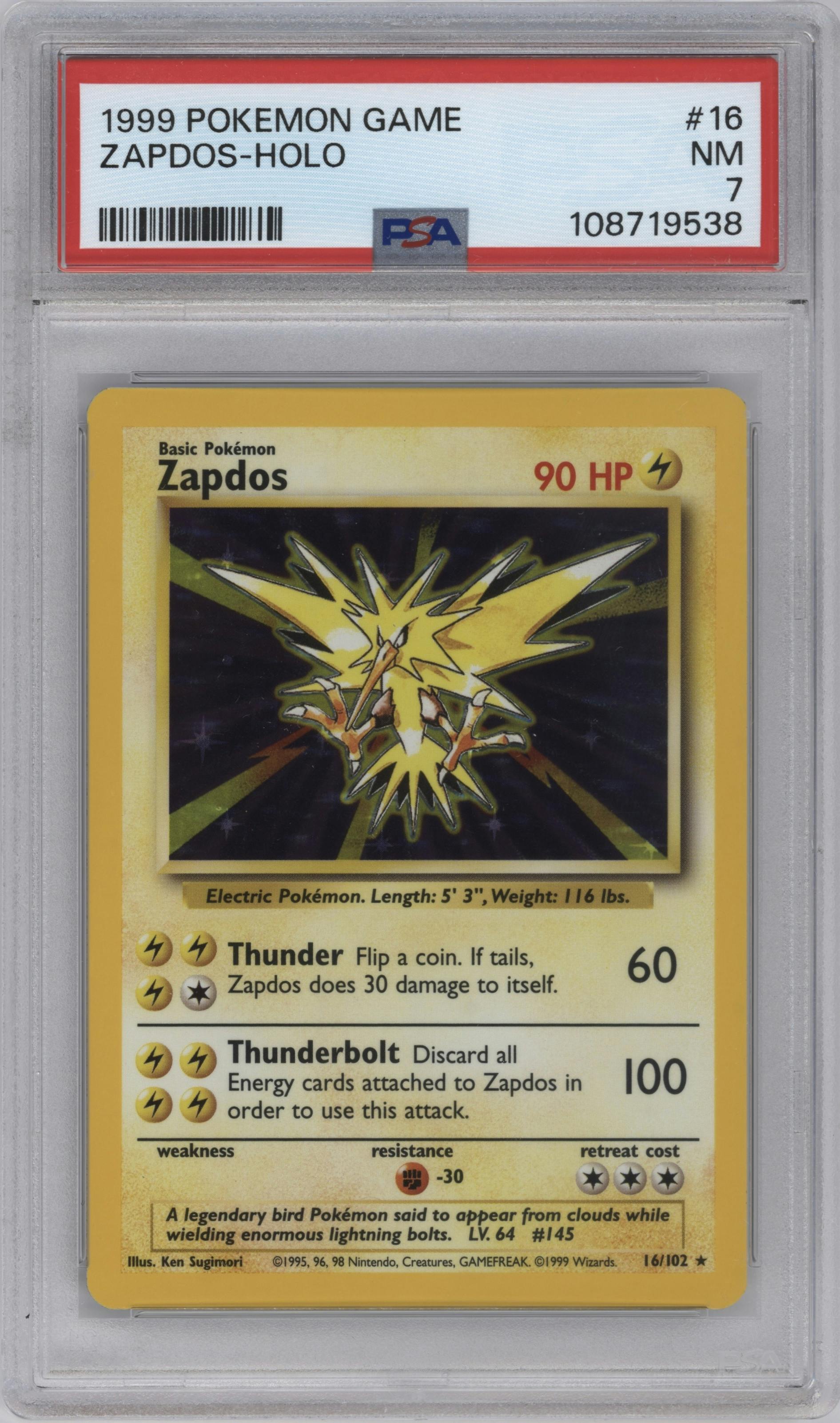 Zapdos from the 1999 Pokemon set graded by PSA and given an overall grade of 7.