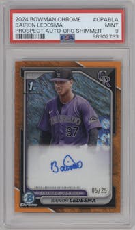 Bairon Ledesma from the 2024 Bowman Chrome set featuring a Orange Shimmer Refractor parallel graded by PSA and given an overall grade of 9.