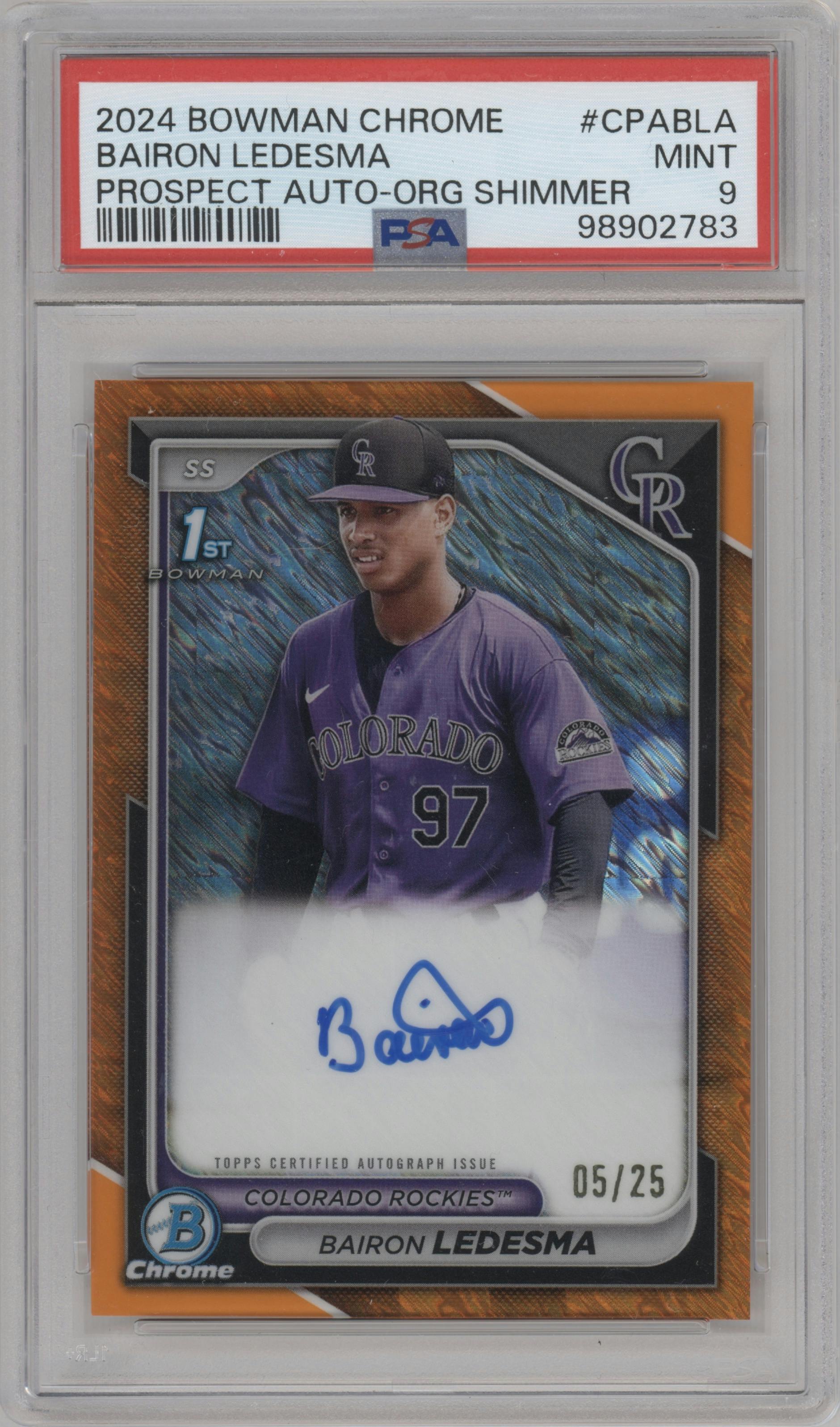 Bairon Ledesma from the 2024 Bowman Chrome set featuring a Orange Shimmer Refractor parallel graded by PSA and given an overall grade of 9.