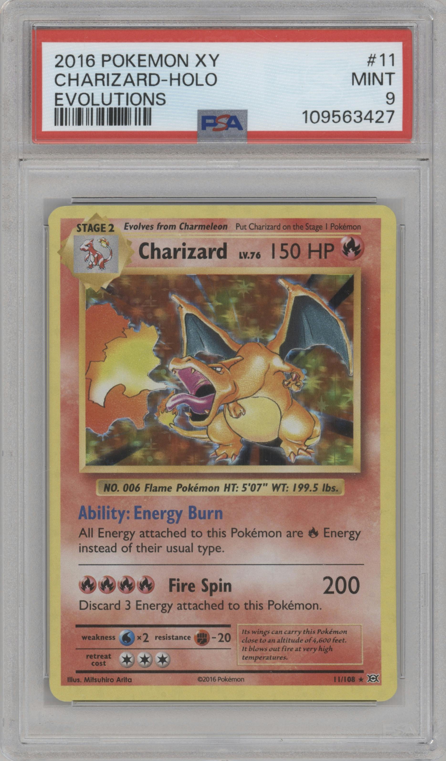 Charizard  from the 2016 Pokemon XY set graded by PSA and given an overall grade of 9.