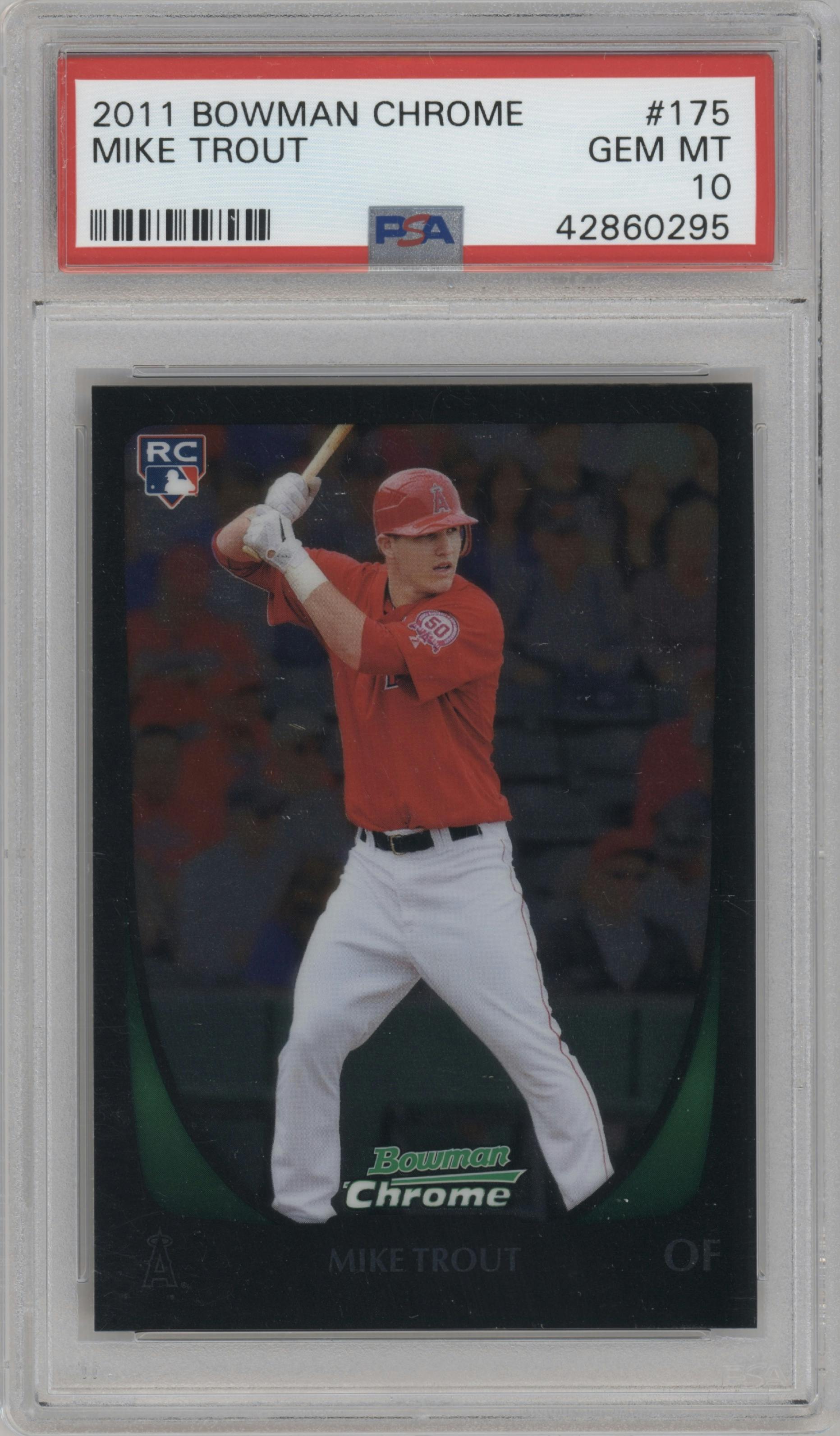 Mike Trout from the 2011 Bowman Chrome set graded by PSA and given an overall grade of 10.
