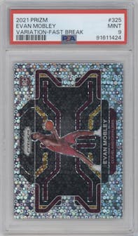 Evan Mobley from the 2021-22 Panini Prizm  set featuring a Fast Break parallel graded by PSA and given an overall grade of 9.