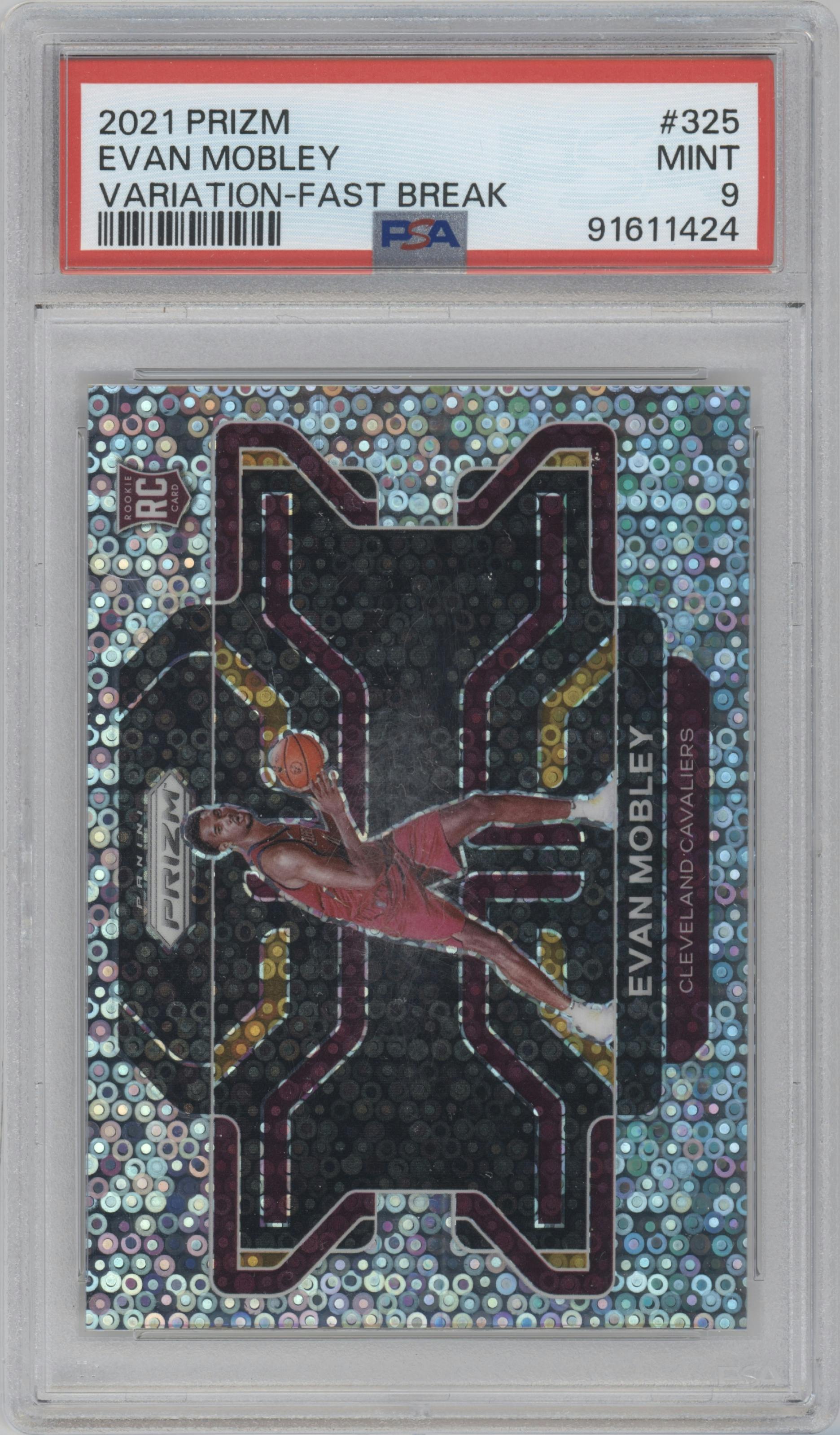 Evan Mobley from the 2021-22 Panini Prizm  set featuring a Fast Break parallel graded by PSA and given an overall grade of 9.