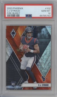 C.J. Stroud from the 2023 Panini Phoenix set featuring a Fire Burst parallel graded by PSA and given an overall grade of 10.