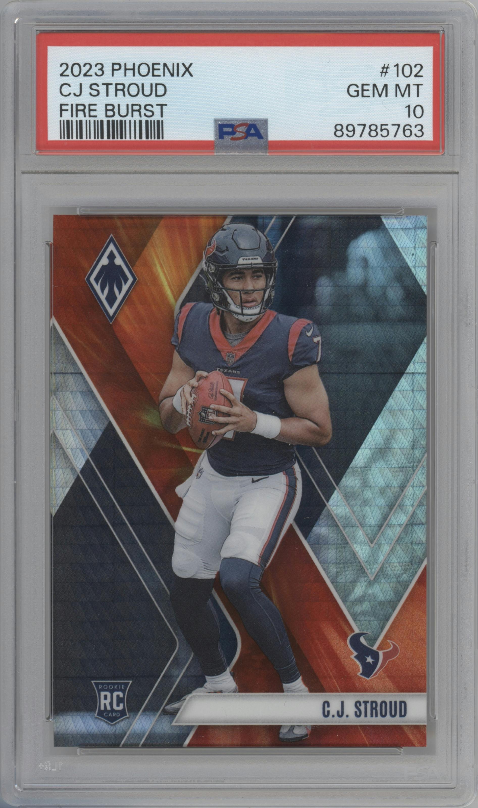 C.J. Stroud from the 2023 Panini Phoenix set featuring a Fire Burst parallel graded by PSA and given an overall grade of 10.