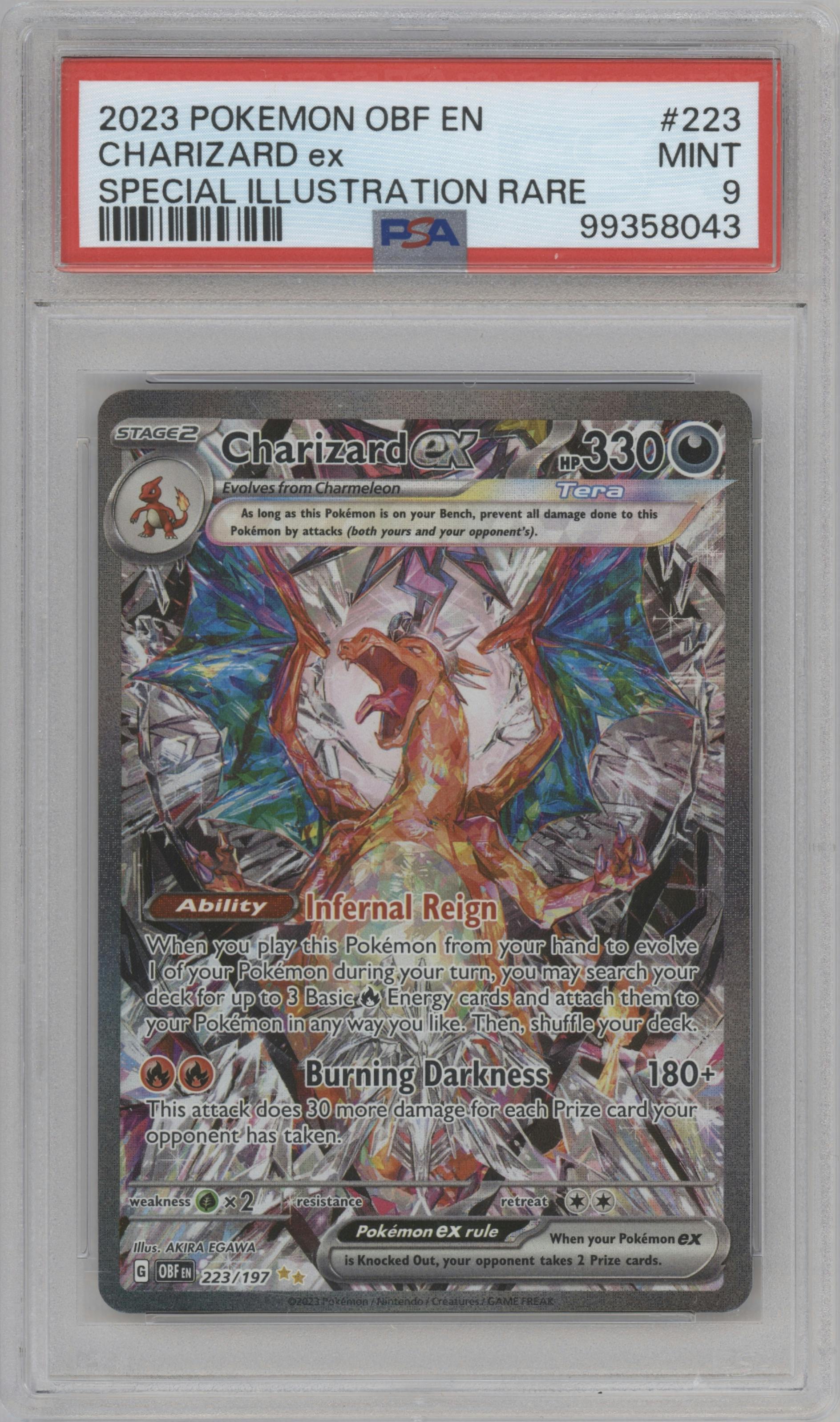 Charizard ex from the 2023 Pokemon SV set graded by PSA and given an overall grade of 9.