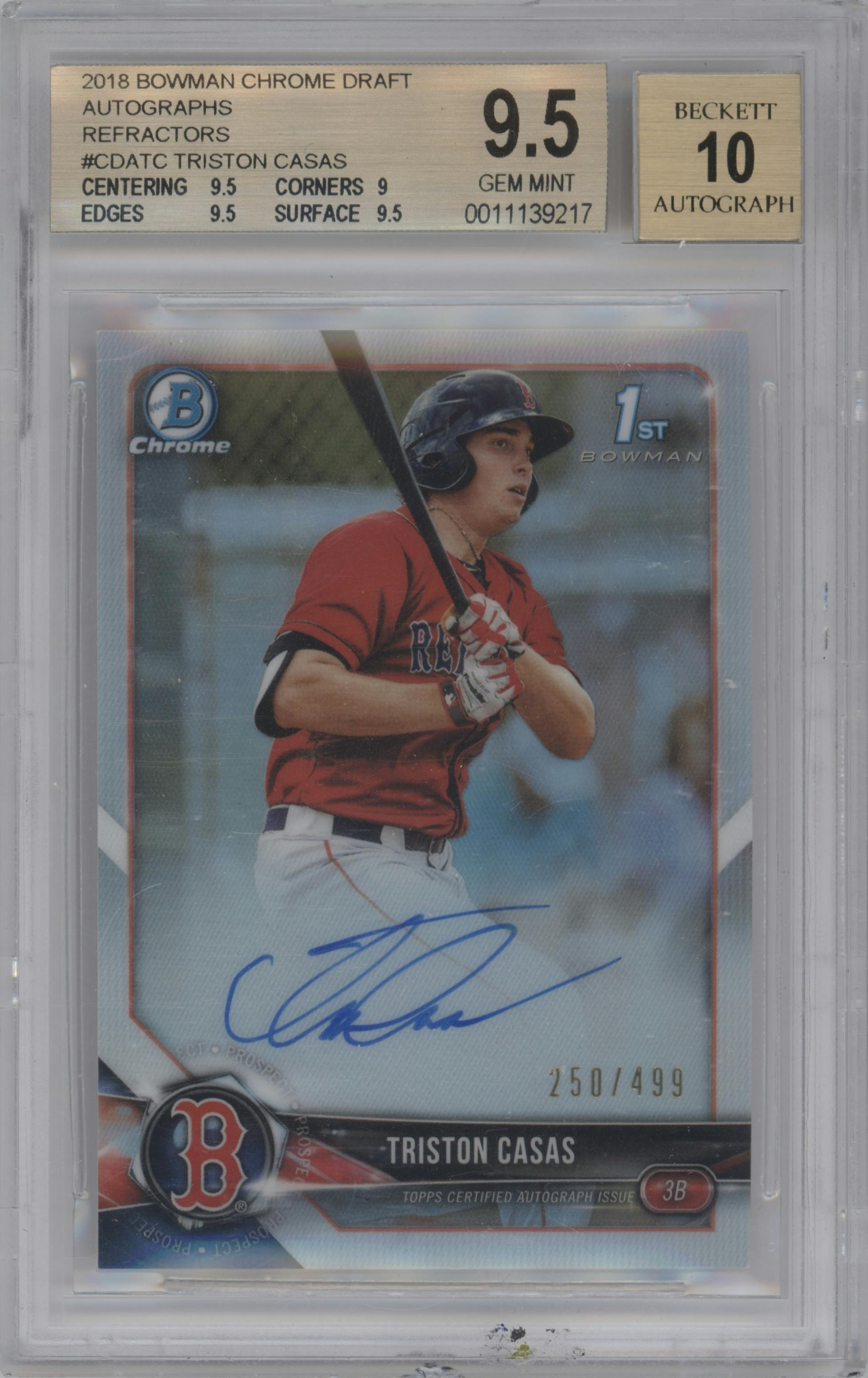 Triston Casas from the 2018 Bowman Draft set featuring a Refractor parallel graded by Beckett and given an overall grade of 9.5.