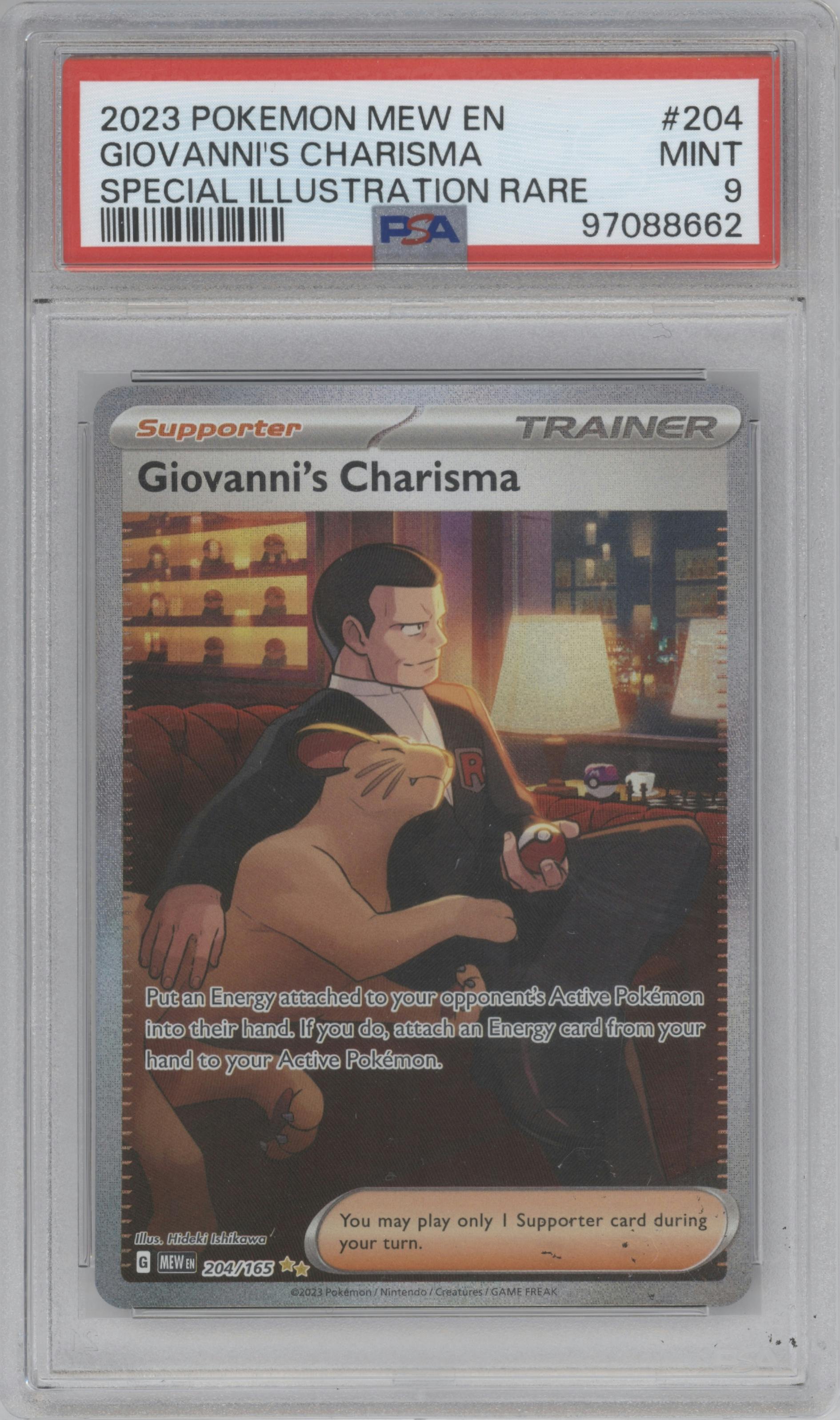 Giovanni's Charisma from the 2023 Pokemon SV set graded by PSA and given an overall grade of 9.