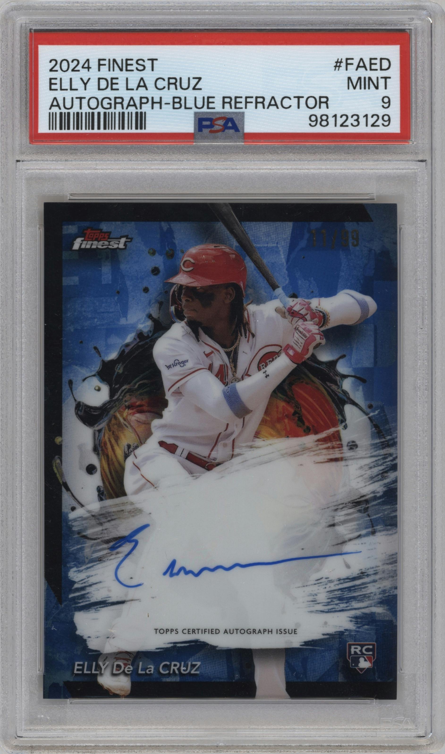 Elly De La Cruz from the 2024 Topps Finest set featuring a Blue Refractor parallel graded by PSA and given an overall grade of 9.