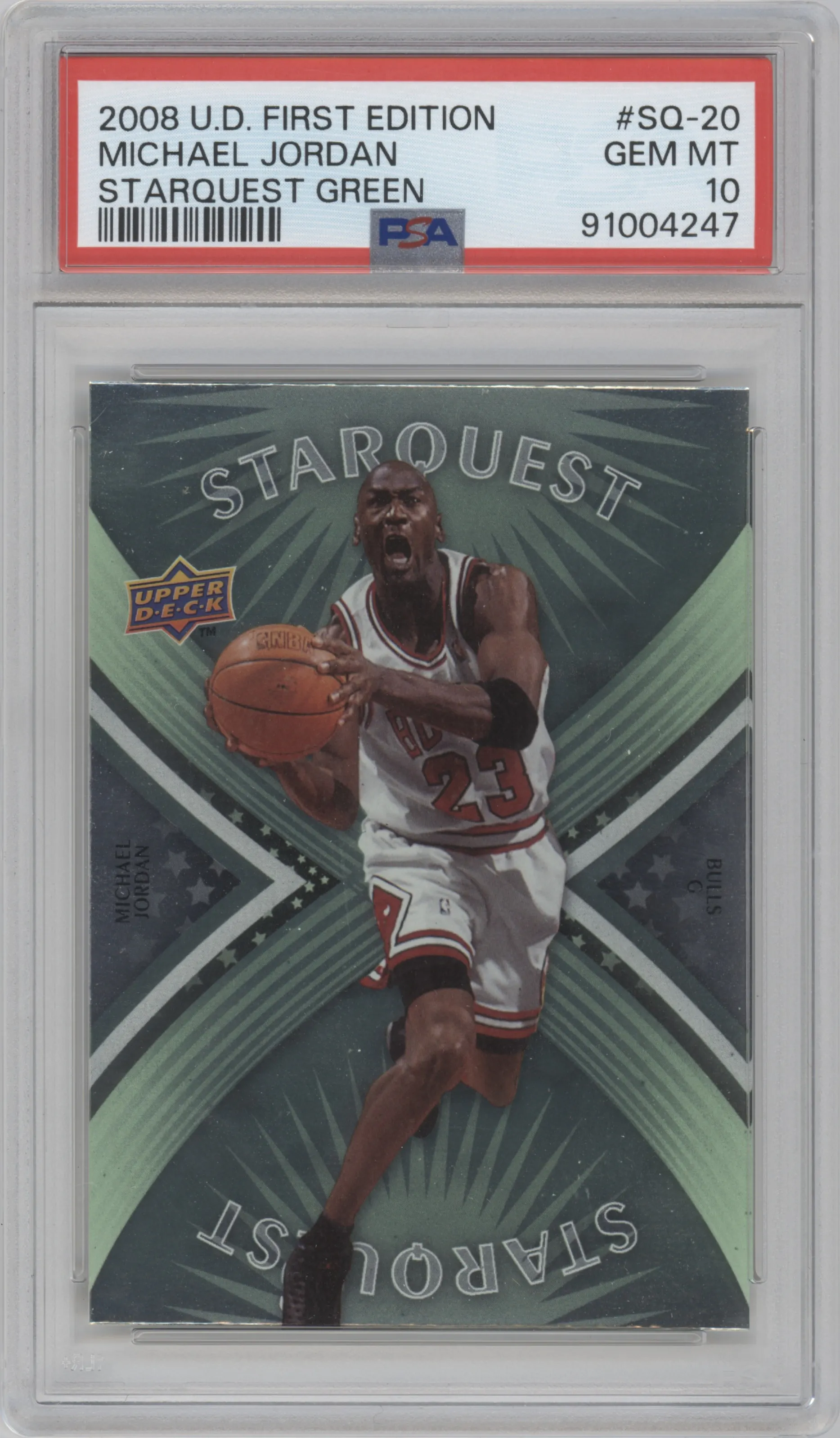 Michael Jordan from the 2008-09 Upper Deck First Edition set featuring a Green parallel graded by PSA and given an overall grade of 10.
