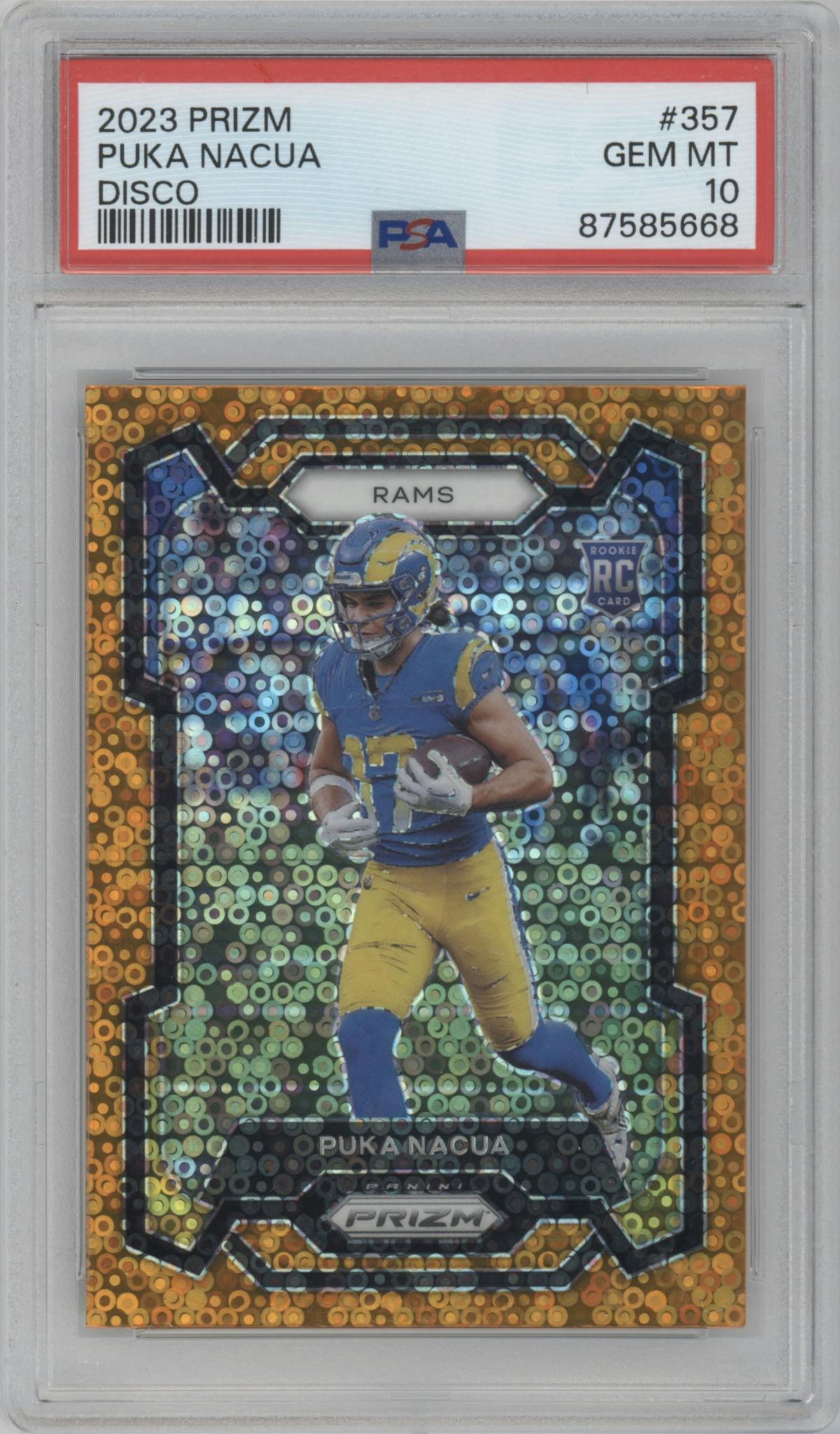 Puka Nacua from the 2023 Panini Prizm set featuring a Disco parallel graded by PSA and given an overall grade of 10.