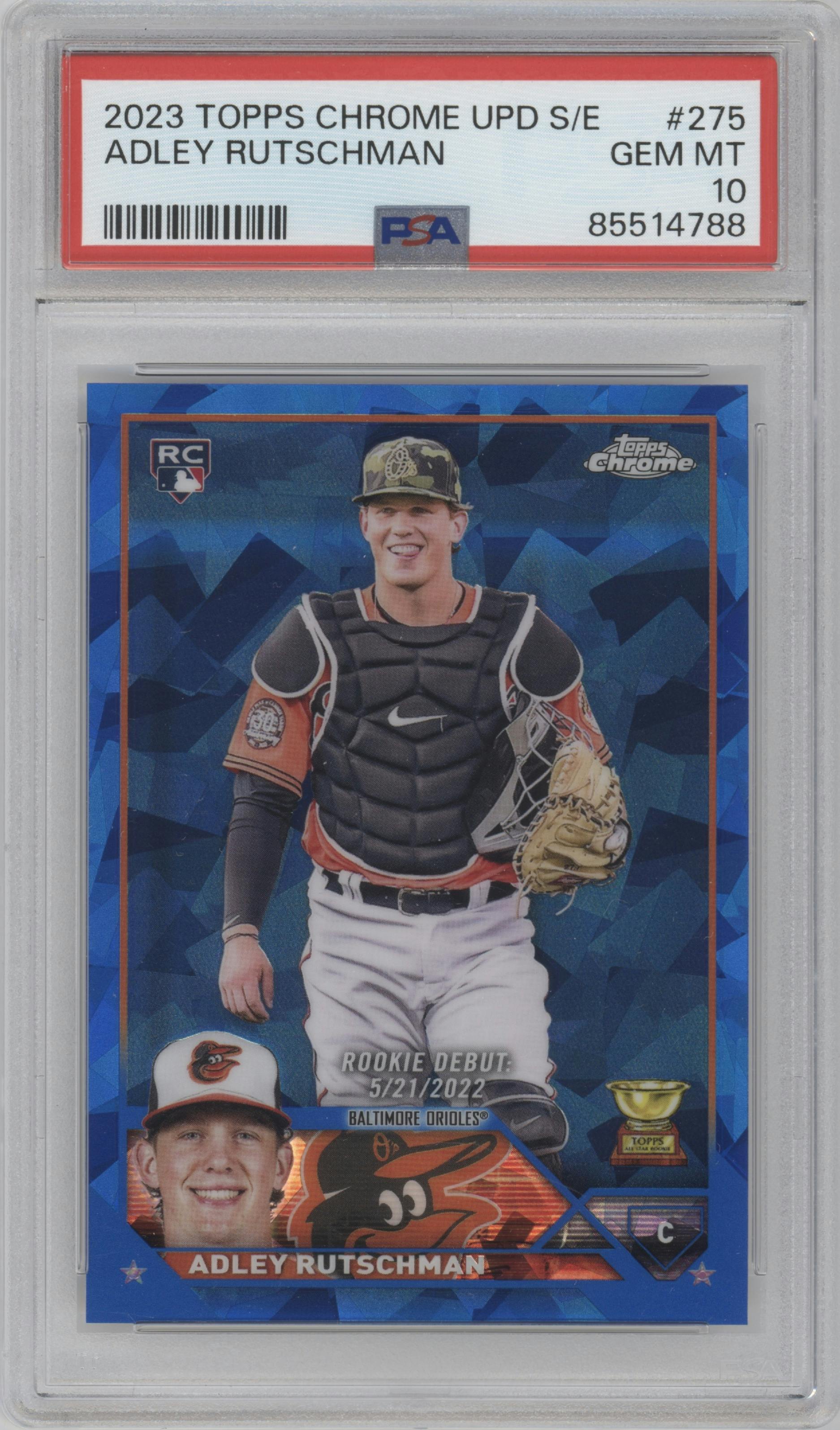 Adley Rutschman from the 2023 Topps Chrome Update Series Sapphire Edition set graded by PSA and given an overall grade of 10.