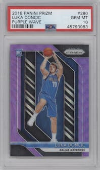 Luka Doncic from the 2018-19 Panini Prizm set featuring a Purple Wave  parallel graded by PSA and given an overall grade of 10.