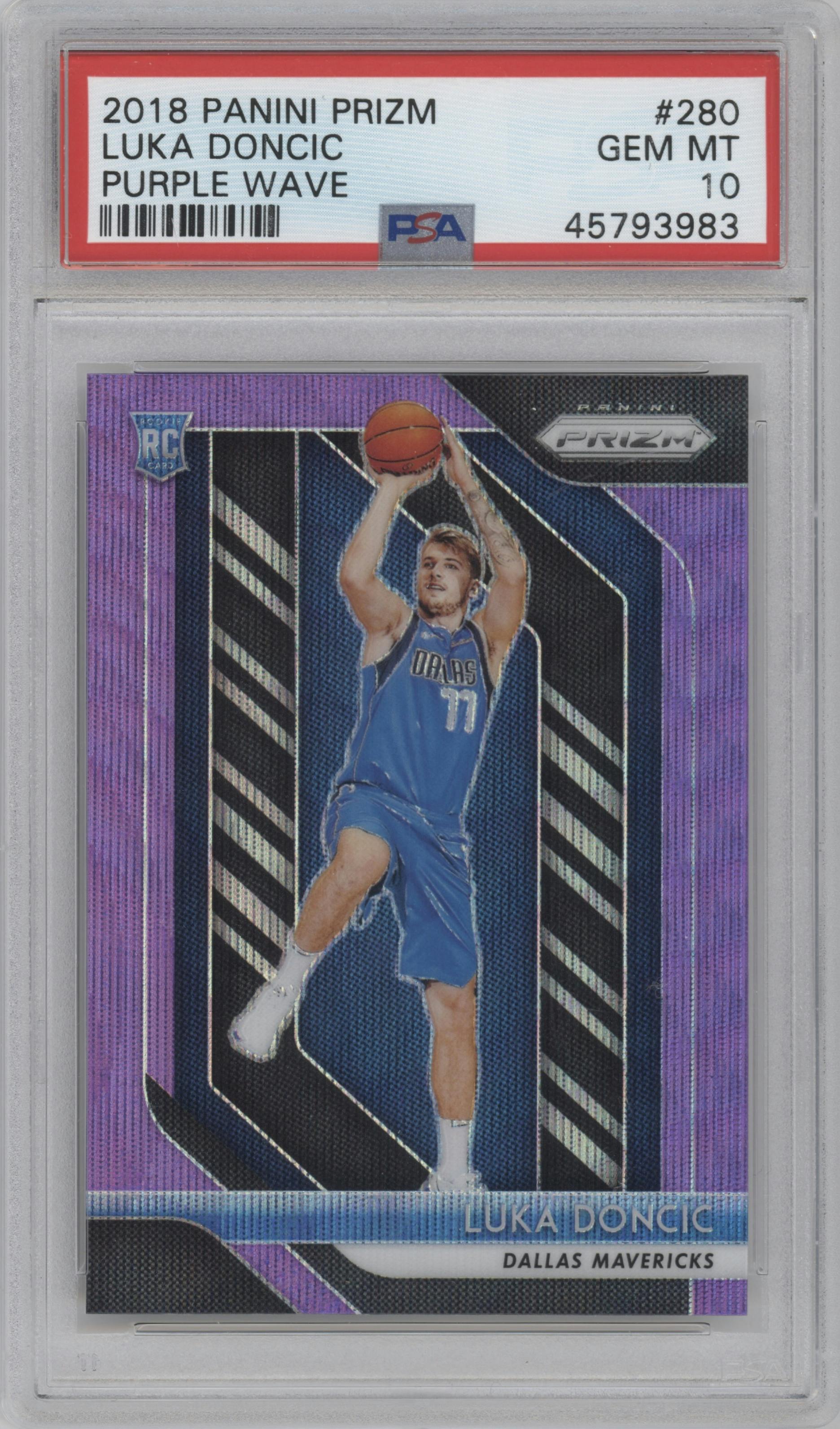 Luka Doncic from the 2018-19 Panini Prizm set featuring a Purple Wave  parallel graded by PSA and given an overall grade of 10.