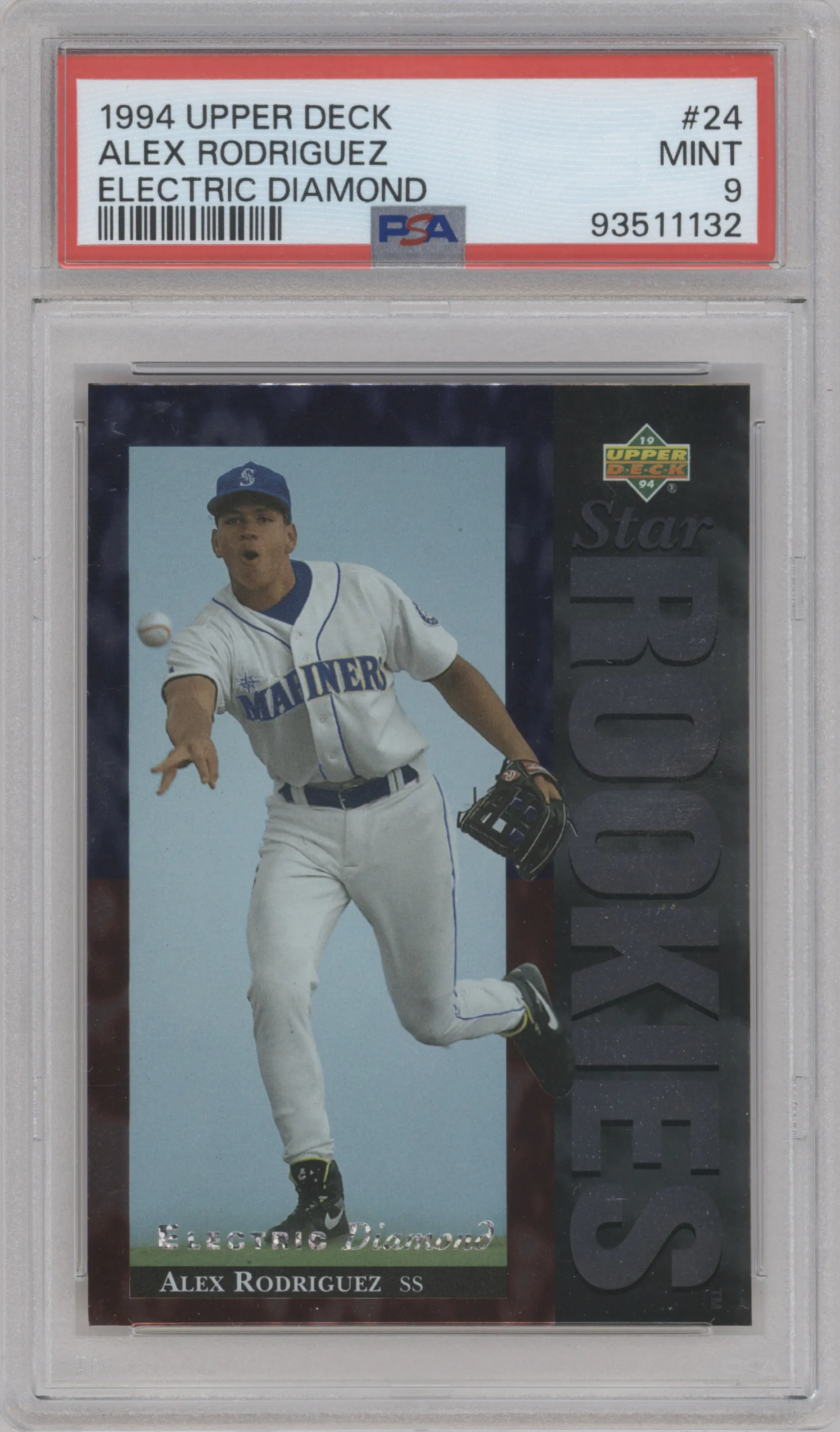 Alex Rodriguez from the 1994 Upper Deck set featuring a Electric Diamond parallel graded by PSA and given an overall grade of 9.