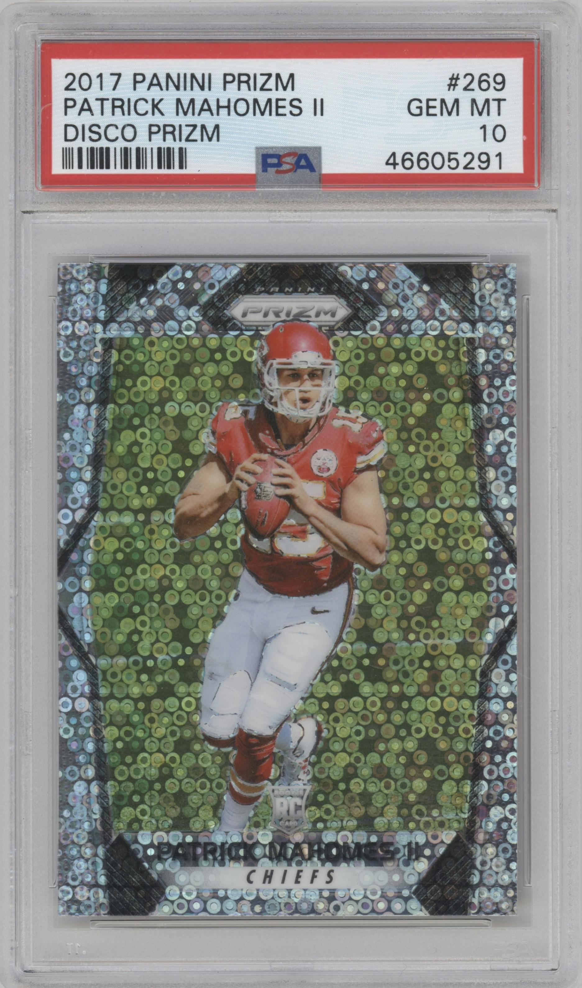 Patrick Mahomes II from the 2017 Panini Prizm set featuring a Disco parallel graded by PSA and given an overall grade of 10.