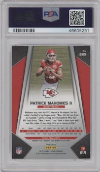 Patrick Mahomes II from the 2017 Panini Prizm set featuring a Disco parallel graded by PSA and given an overall grade of 10.