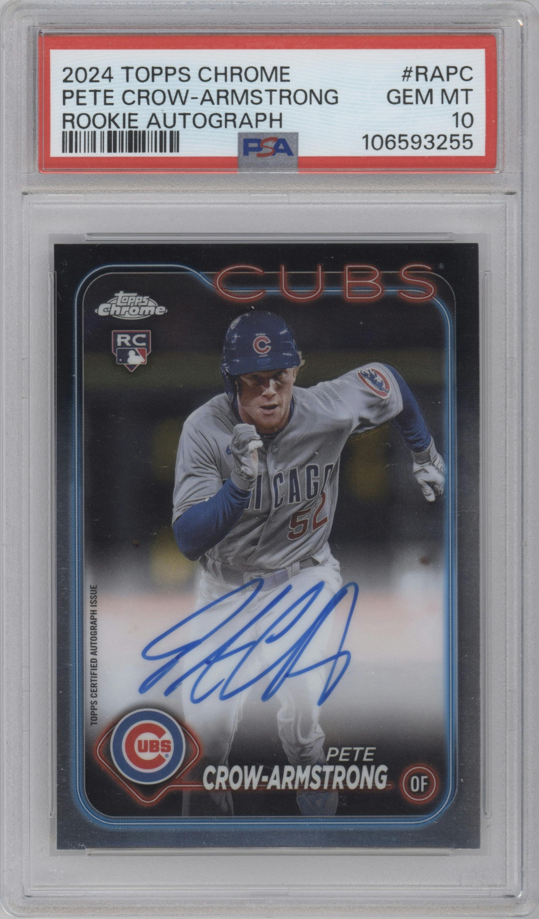 Pete Crow-Armstrong from the 2024 Topps Chrome set graded by PSA and given an overall grade of 10.