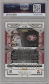 Brock Purdy from the 2023 Panini Obsidian set featuring a Electric Etch Green parallel graded by PSA and given an overall grade of 10.
