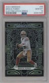 Brock Purdy from the 2023 Panini Obsidian set featuring a Electric Etch Green parallel graded by PSA and given an overall grade of 10.