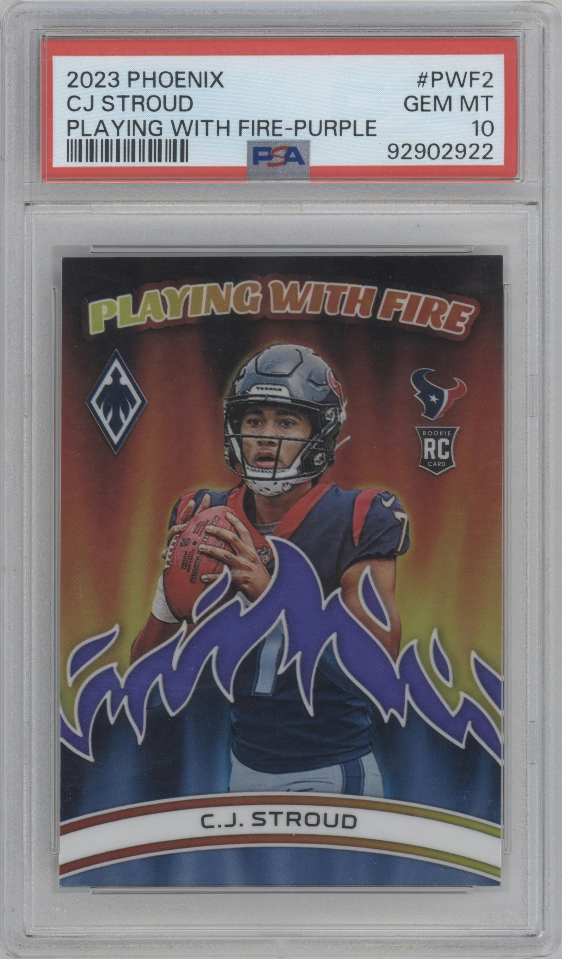C.J. Stroud from the 2023 Panini Phoenix set featuring a Purple parallel graded by PSA and given an overall grade of 10.