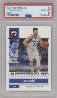Luka Doncic from the 2021-22 Panini Chronicles set featuring a Red parallel graded by PSA and given an overall grade of 10.