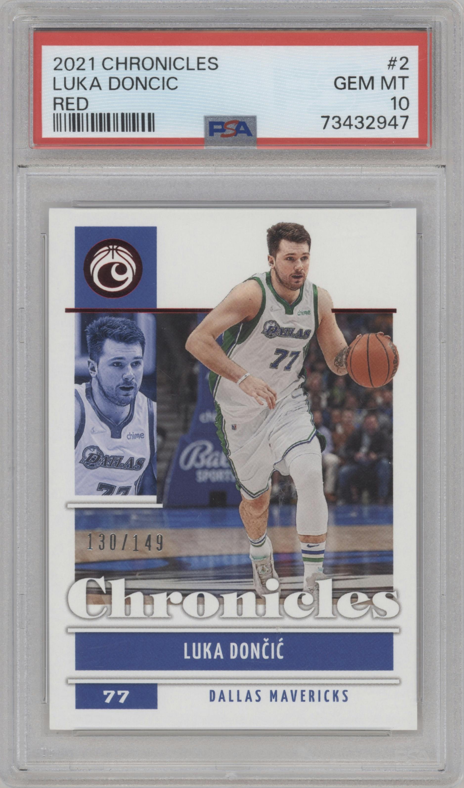 Luka Doncic from the 2021-22 Panini Chronicles set featuring a Red parallel graded by PSA and given an overall grade of 10.