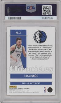 Luka Doncic from the 2021-22 Panini Chronicles set featuring a Red parallel graded by PSA and given an overall grade of 10.