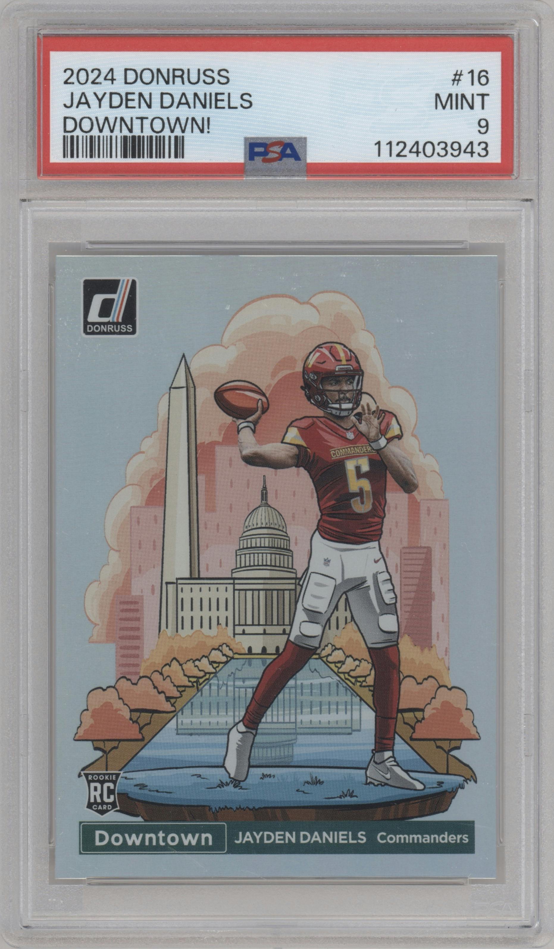 Jayden Daniels from the 2024 Donruss set graded by PSA and given an overall grade of 9.